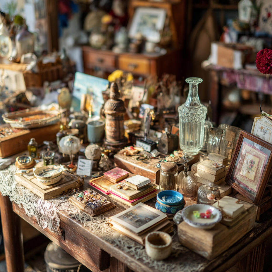 A cozy flea market style shop display with a mix of vintage books, pottery, glassware, and quirky secondhand treasures arranged on a wooden table, creating an eclectic treasure-hunt vibe.